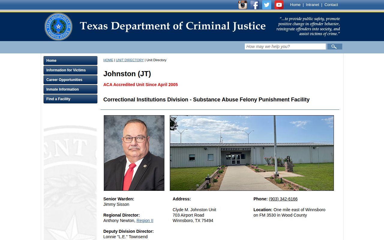 Clyde M. Johnston Unit release and facility records from TDCJ