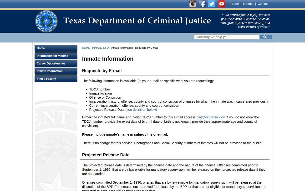 TDCJ released inmate information page excluding Wood County mugshot photos
