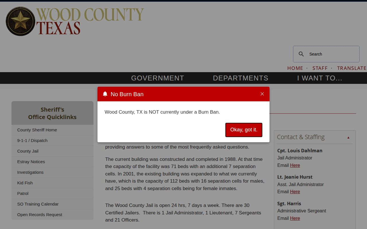 Wood County 24-hour release records on the official jail page